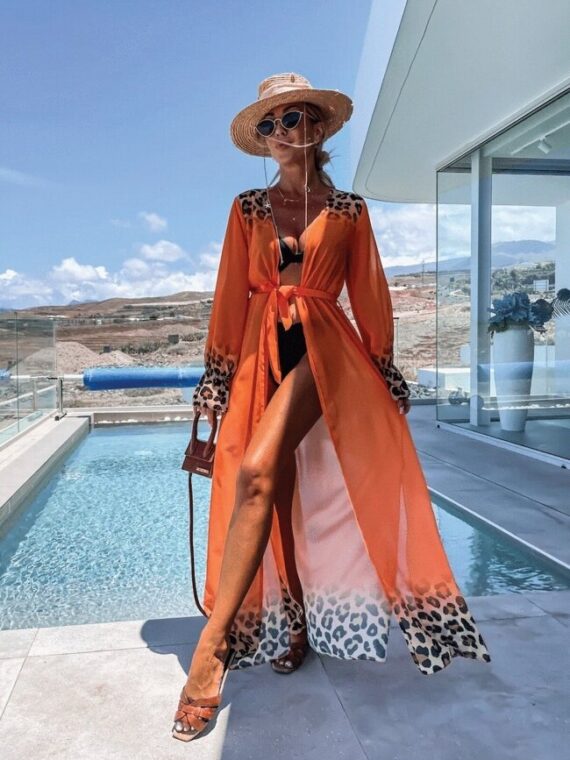 LONG KIMONO WITH LEOPARD DETAIL